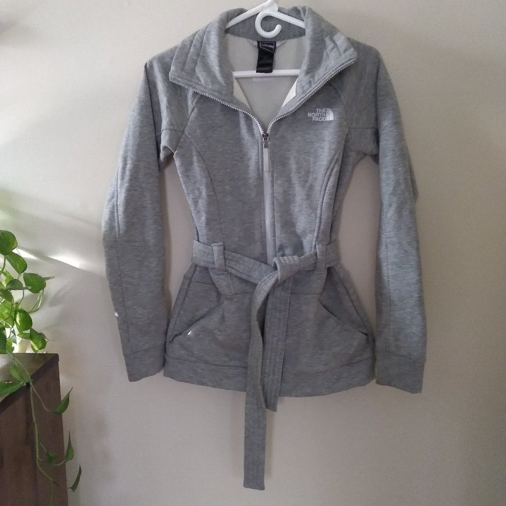 North Face Gray Long Knit Jacket Tie Zip up XS